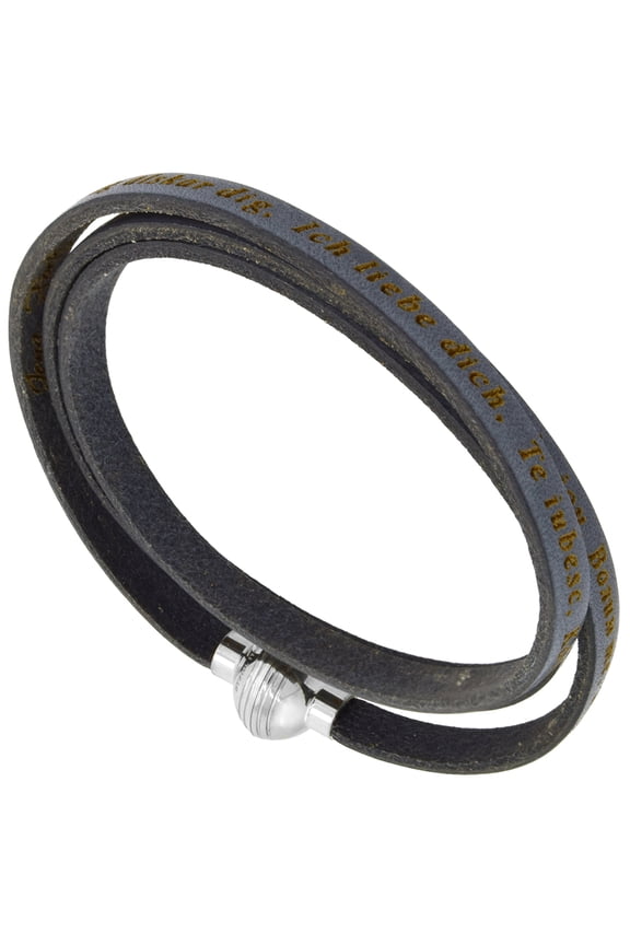 Italian Full Grain 3 Wrap Gray Leather I Love You Bracelet Stainless Steel Magnetic Clasp 22.5 Inch
