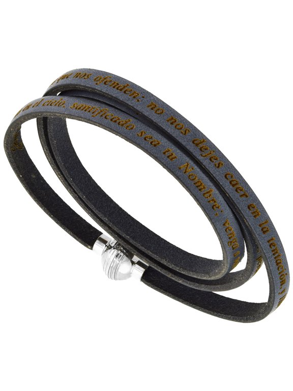 Italian Full Grain 3 Wrap Gray Leather Padre Nuestro Bracelet Stainless Steel Magnetic Clasp 22.5 Inch