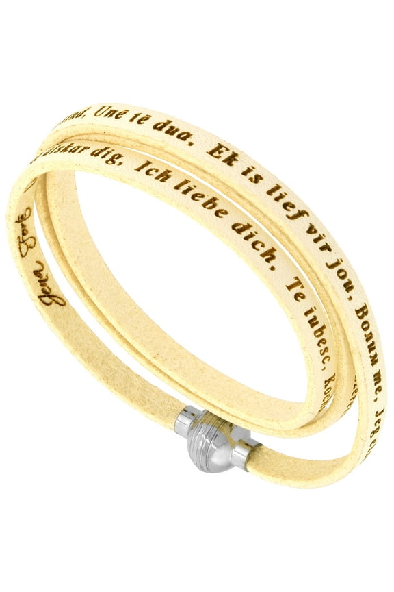 Italian Full Grain 3 Wrap White Leather I Love You Bracelet Stainless Steel Magnetic Clasp 21 inch