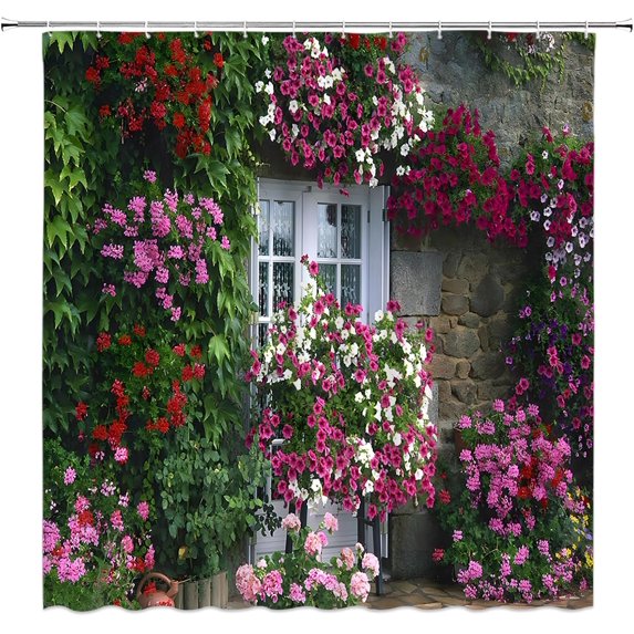 Italian Garden Landscape Shower Curtain European Greece Scene Tuscany Street Floral Leaves Plant Spring Purple Green Bathroom Decor Polyester Fabric with Hooks (71"x71)