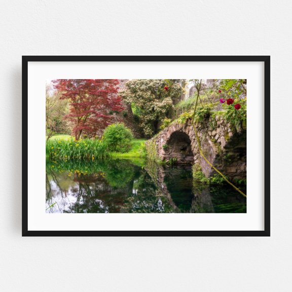 Italian Gardens - Romantic Garden of Ninfa 1 - Italy Photography Nature Bridge Landscape Autumn Botanical Scenic Forest Black Framed Wall Art Print 20 x 30 inches