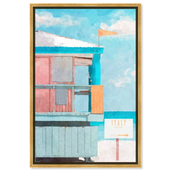 Italian Lifeguard House Beach Life Inspired Pastel Color Canvas Wall Art by Art Remedy, Gold Floater Frame, 24"x36"