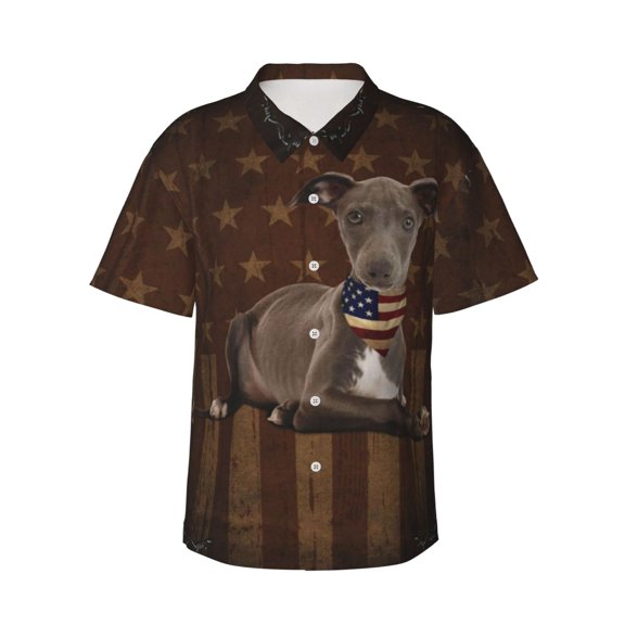Italian Greyhound Dog With Vintage American Flag Men's 3d Print Casual Button Down Shirts, Novelty Hawaiian Short Sleeves 3xl