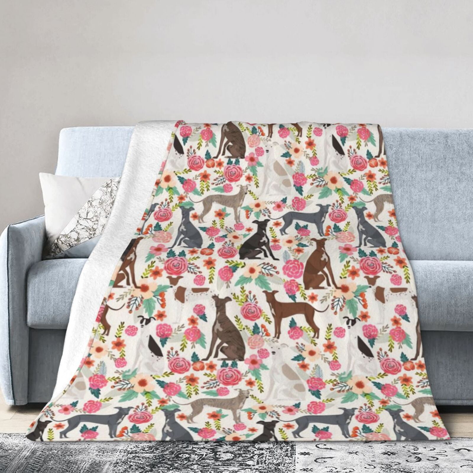 Italian Greyhound Dogs Lovers Flower Floral Blanket Gifts For Kids Adults - Lightweight Throw Blanket For Bedroom Living Room Decor Soft Fuzzy Fleece Cozy Plush Bed Couch 50"X40"
