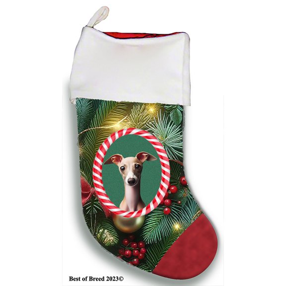 Italian Greyhound Fawn/White - Best of Breed Christmas Stocking 13.5" Red Gaming Cloth with Red Lining ,Plush White Cuff
