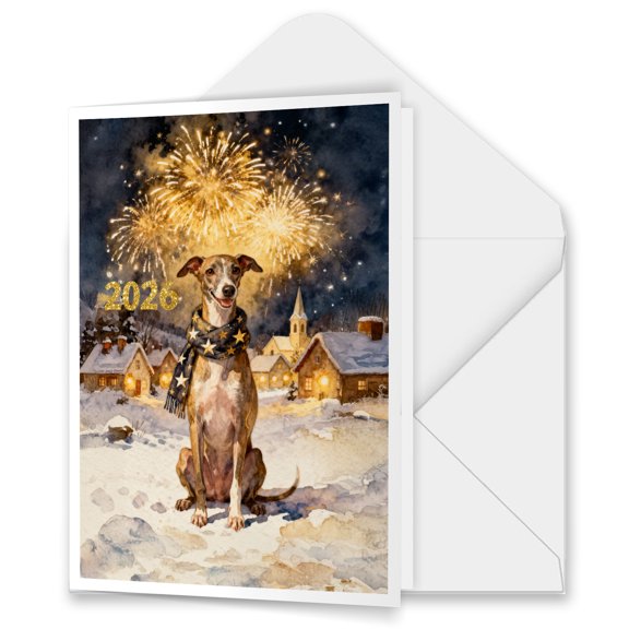 Italian Greyhound Happy New Year 2026 with Fireworks on New Year's Eve 5x7in Folded Greeting Card Greyhound Dog Lover Single Note Card with Envelope - 12022