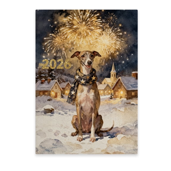 Italian Greyhound Happy New Year 2026 with Fireworks on New Year's Eve Vertical Matte Canvas Poster Greyhound Dog Lover Wall Art Home Decor - 12022