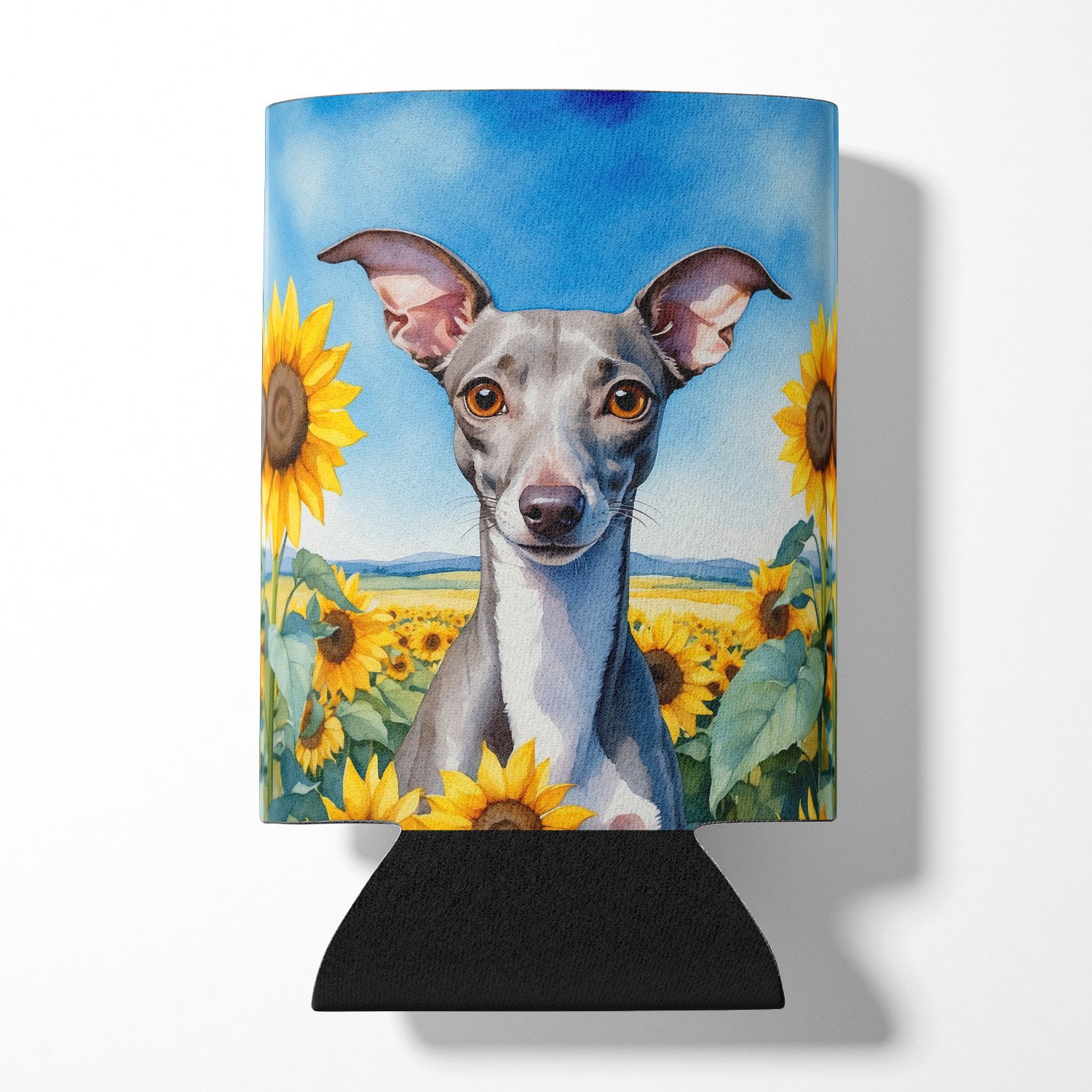 Italian Greyhound in Sunflowers Can or Bottle Hugger 3 in x 5 in