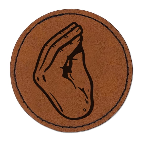 Italian Hand Gesture What Do You Want Ma Che Vuoi Round Iron-On Engraved Faux Leather Patch Applique - 2.5 Inch - Brown