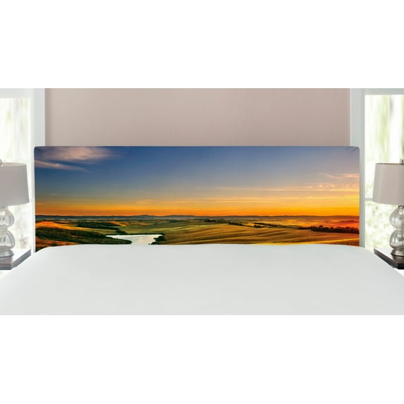 Italian Headboard, Photo of Mediterranean Rural in the Valley with a Small Lake Nature, Upholstered Decorative Metal Bed Headboard with Memory Foam, King Size, Blue Yellow Green, by Ambesonne