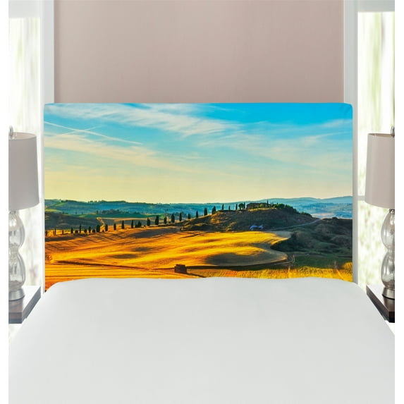 Italian Headboard, Scenery of Italian Rural with Trees Meadows and Sky Mediterranean Farm Landscape, Upholstered Decorative Metal Bed Headboard with Memory Foam, Twin Size, Blue Yellow, by Ambesonne