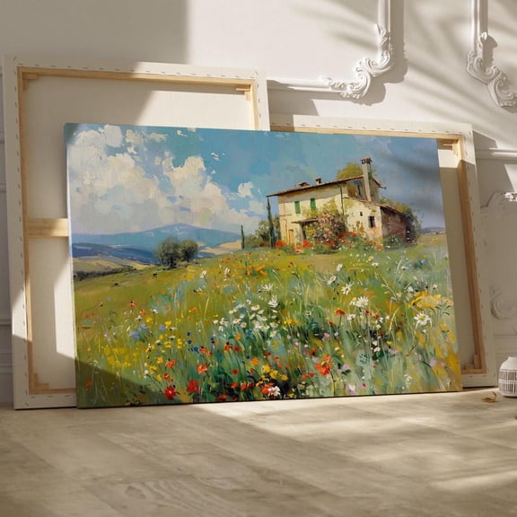 Italian Hillside Farmhouse Wall Art Floral Landscape Decor, Unframed Paper Print Size 8x12