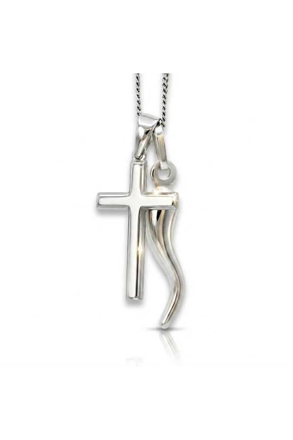 Italian Horn Charm w/Cross - 925 Sterling Silver - Cornicello Pendant - Religious Cross Pendant