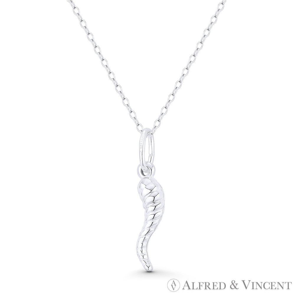 Italian Horn Corno Evil Eye Luck Charm 26mm (1in) Pendant & Chain Necklace in .925 Sterling Silver