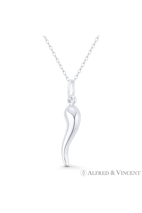 Italian Horn Corno Evil Eye Luck Charm 32mm (1.3in) Pendant in .925 Sterling Silver