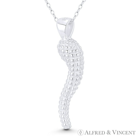 Italian Horn Corno Evil Eye Luck Charm 37mm (1.5in) Pendant & Chain Necklace in .925 Sterling Silver