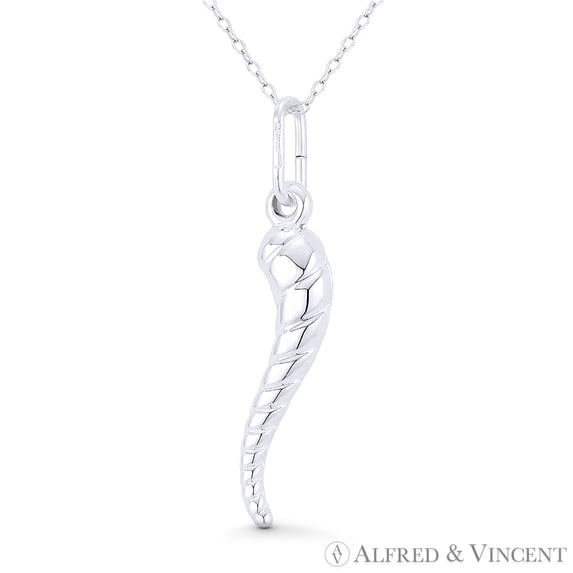 Italian Horn Corno Evil Eye Luck Charm 42mm (1.7in) Pendant & Chain Necklace in .925 Sterling Silver
