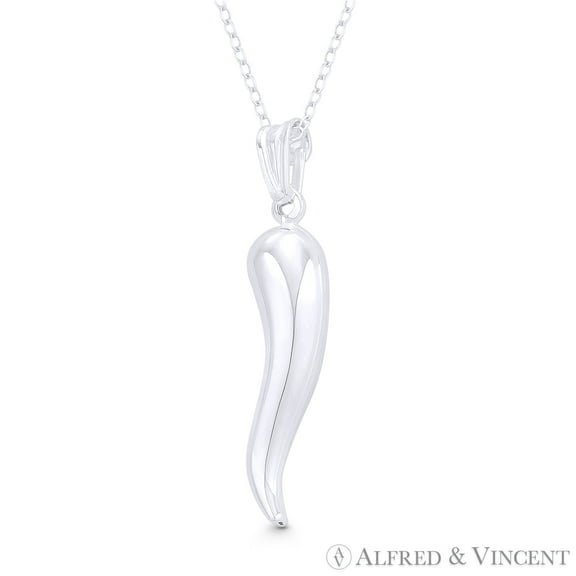 Italian Horn Corno Evil Eye Luck Charm 47mm (1.9in) Pendant & Chain Necklace in .925 Sterling Silver