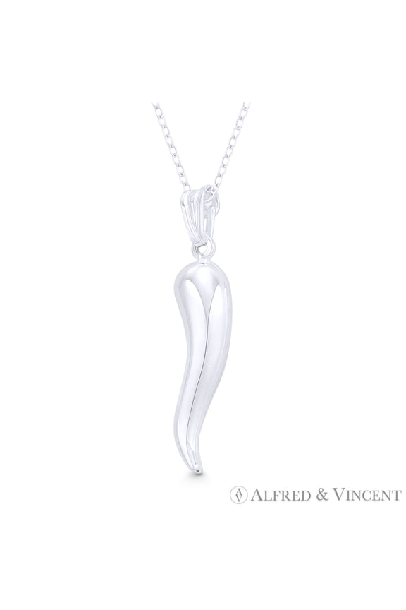 Italian Horn Corno Evil Eye Luck Charm 47mm (1.9in) Pendant & Chain Necklace in .925 Sterling Silver