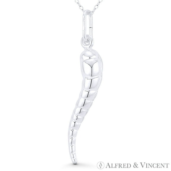 Italian Horn Corno Evil Eye Luck Charm 56mm (2.2in) Pendant & Chain Necklace in .925 Sterling Silver