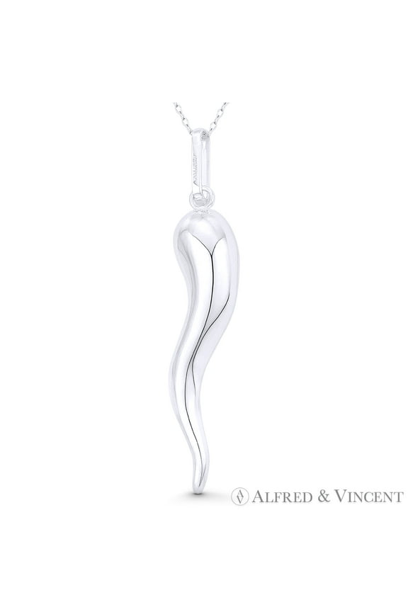 Italian Horn Corno Evil Eye Luck Charm 72mm (2.8in) Pendant & Chain Necklace in .925 Sterling Silver