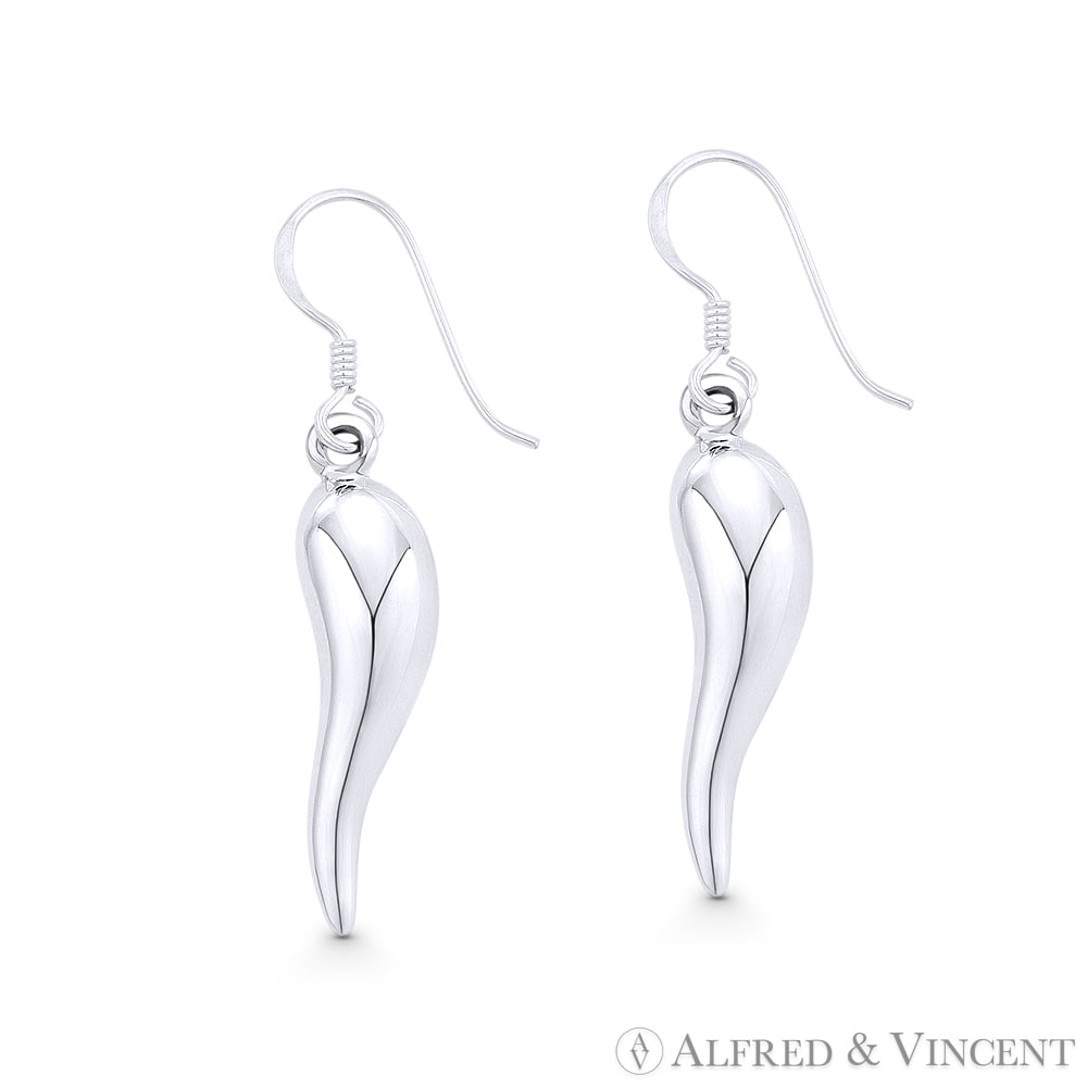 Italian Horn Evil Eye Luck Charm Dangling Fish-Hook Earrings in Hollow .925 Sterling Silver