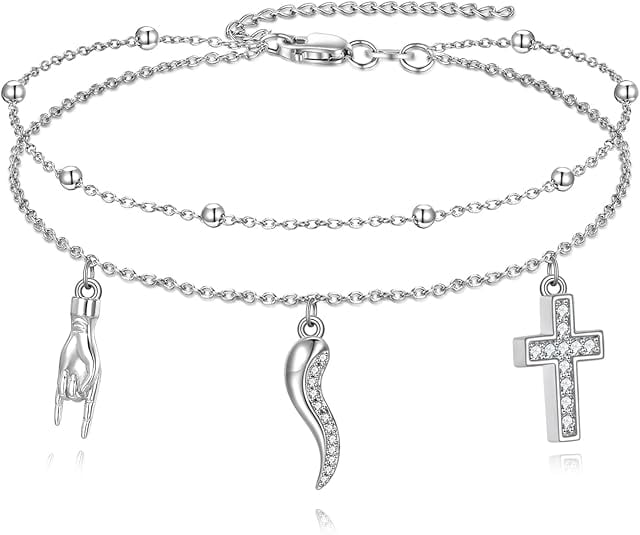 Italian Horn Hand Anklet 925 Sterling Silver Cornicello and Mano Cornuto Layered Ankle Bracelet Italian Good Luck Protection Amulet Jewelry for Women Gifts