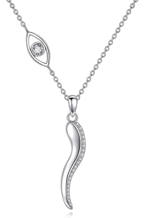 Italian Horn Necklace 925 Sterling Silver Cornicello and Mano Cornuto Good Luck Protection Amulet Pendant Jewelry for Women