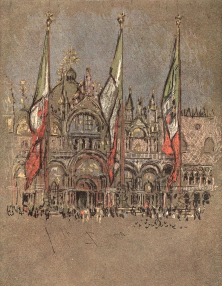 Italian Hours 1909 Flags at St Marks Venice Canvas Art - Joseph Pennell (24 x 36)