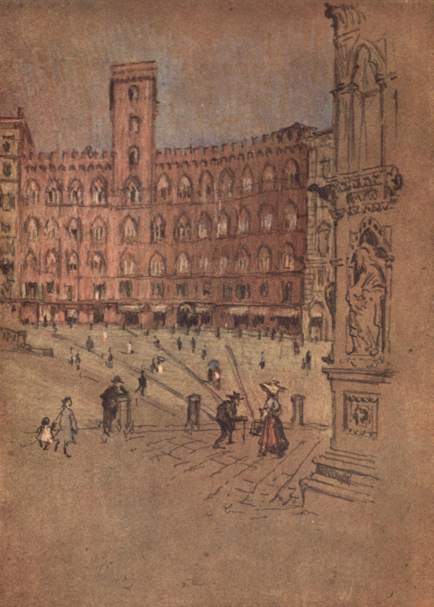 Italian Hours 1909 Red Palace Siena Canvas Art - Joseph Pennell (24 x 36)
