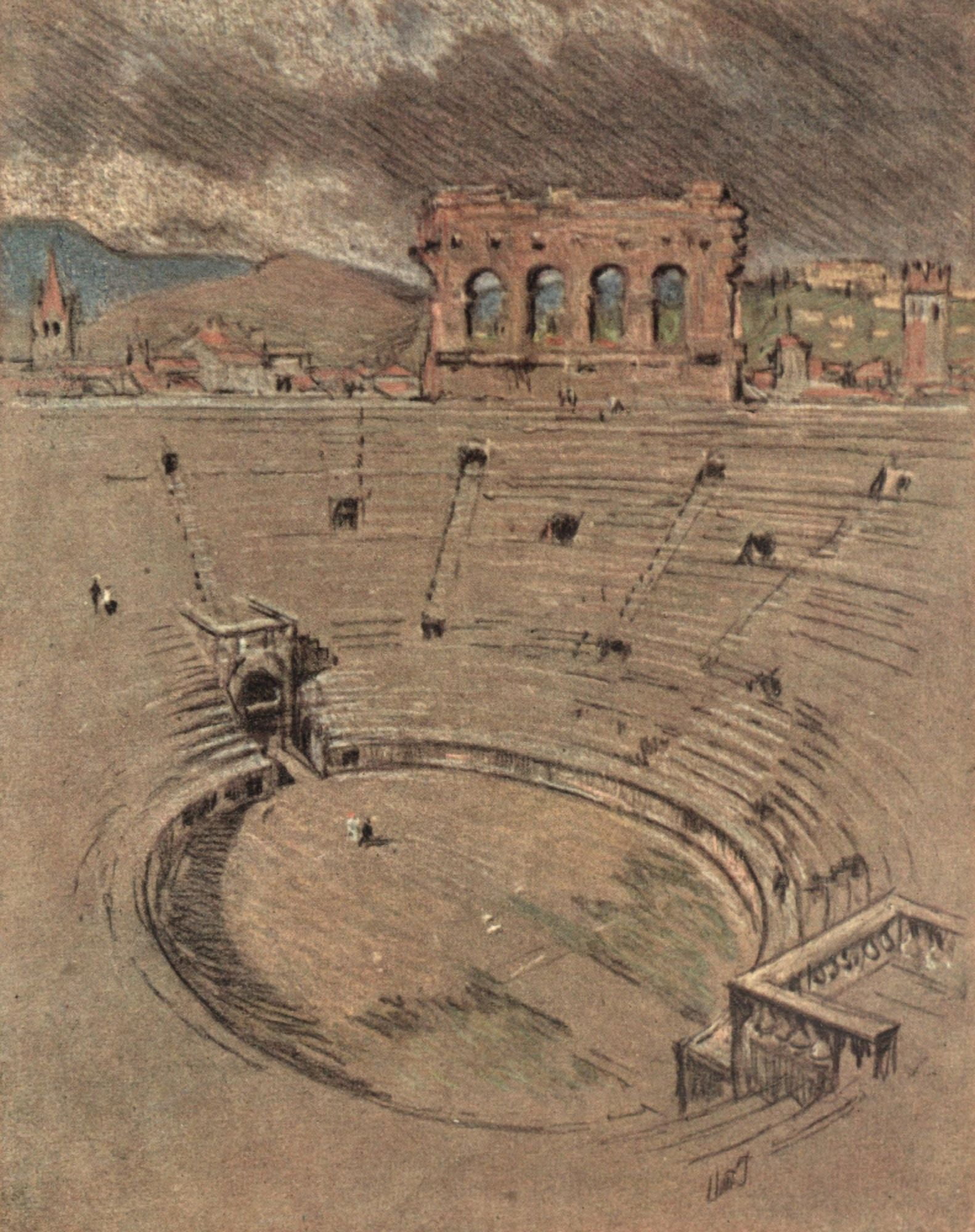 Italian Hours 1909 The Amphitheatre Verona Canvas Art - Joseph Pennell (18 x 24)
