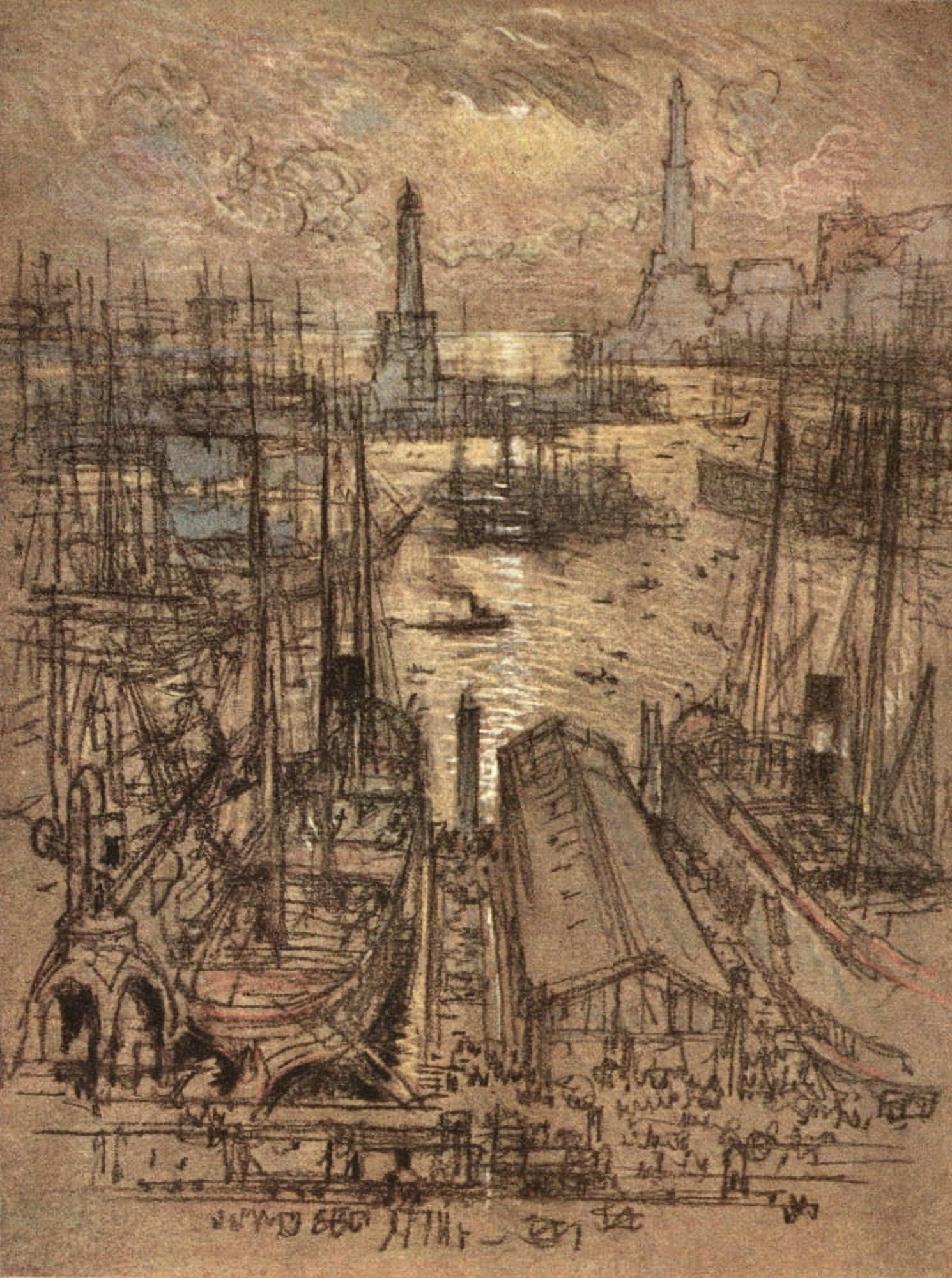 Italian Hours 1909 The Harbour Genoa Canvas Art - Joseph Pennell (18 x 24)