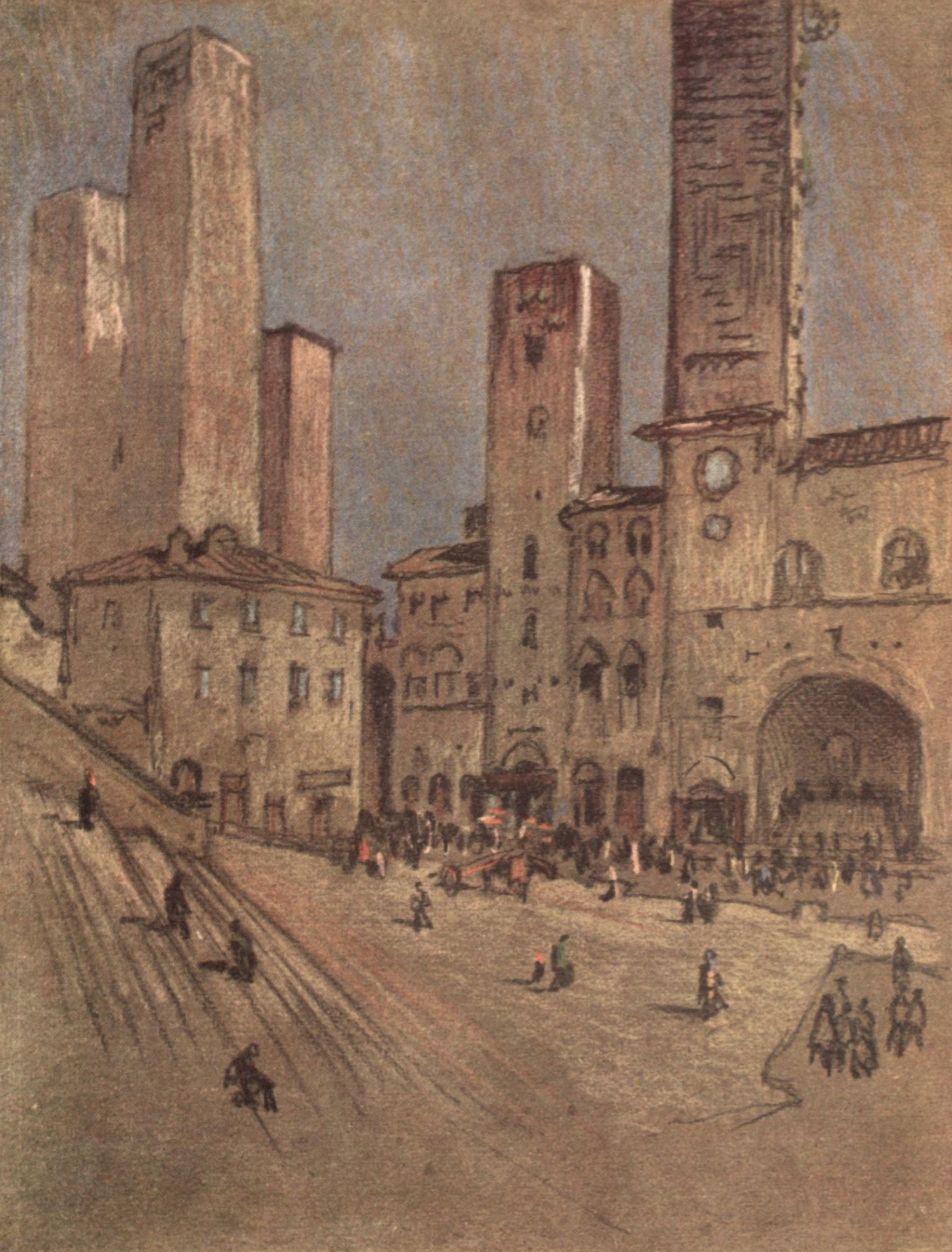 Italian Hours 1909 Towers of San Gimignano Canvas Art - Joseph Pennell (24 x 36)
