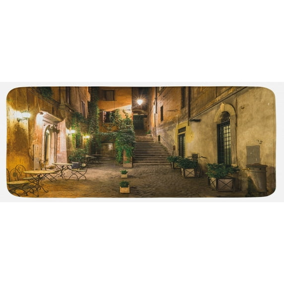 Italian Kitchen Mat, Old Courtyard Rome Italy Cafe Chairs City Historic Houses in Street, Plush Decorative Kitchen Mat with Non Slip Backing, 47" X 19", Orange Brown, by Ambesonne