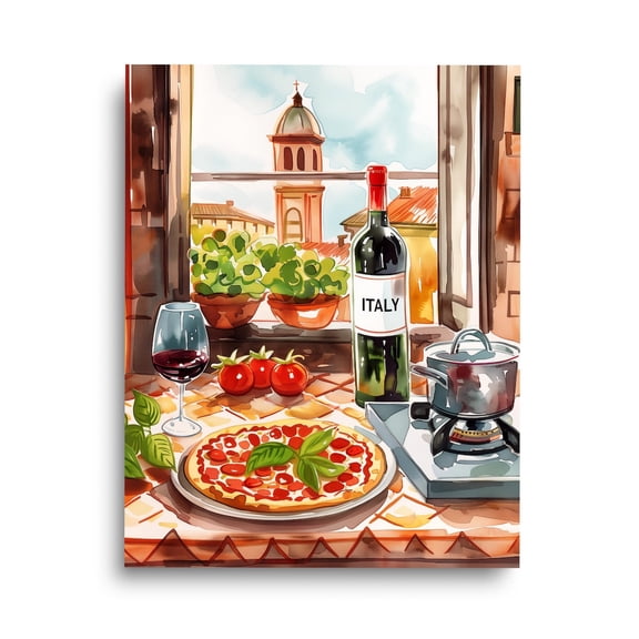 Italian Kitchen Print, Pizza & Wine Art, Italy Culinary Food Wall Decor, Kitchen, Restaurant, Vino Art #3547, Unframed Canvas Size 8x12