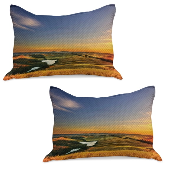 Italian Knitted Quilt Pillowcover Set of 2, Photo of Mediterranean Rural in the Valley with a Small Lake Nature, Standard Queen Pillow Sham Bedroom, 30" x 20", Blue Yellow Green, by Ambesonne