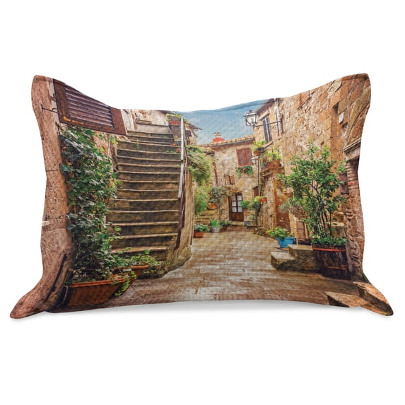 Italian Knitted Quilt Pillowcover, View of Old Mediterranean Street Stone Rock Houses in Italy City Rural Print, Standard King Size Pillow Cover for Bedroom, 36" x 20", Multicolor, by Ambesonne