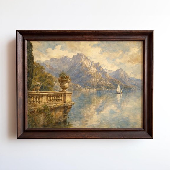 Italian Lake Terrace Art Mountain Landscape Wall Art European Villa Decor, Unframed Paper Print