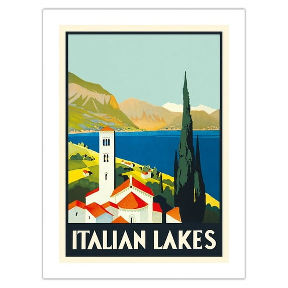 Italian Lakes Italy - Vintage Travel Poster c.1930 - Fine Art Matte Paper Print (Unframed) 18x24in