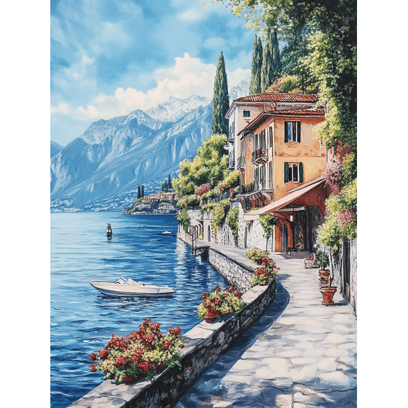 Italian Lakeside Villa Canvas Painting， Perfect for Living Room，Dining Room，and Hotel Decoration.