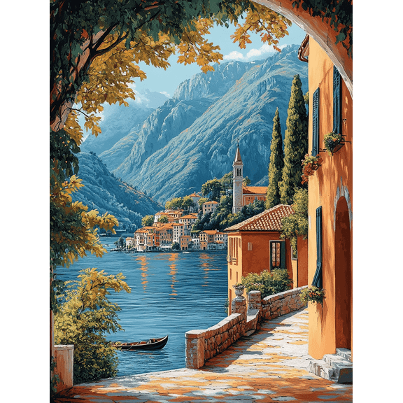 Italian Lakeside Village Canvas Painting Suitable for Living Room Bedroom Office Dining Room and Hallway Decoration