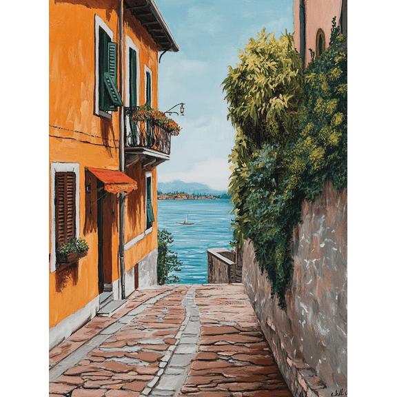 Italian Lakeside Village Street Scene Canvas Print/Wall Art Suitable for Living Room Bedroom Dining Room Office and Hotel Decoration.