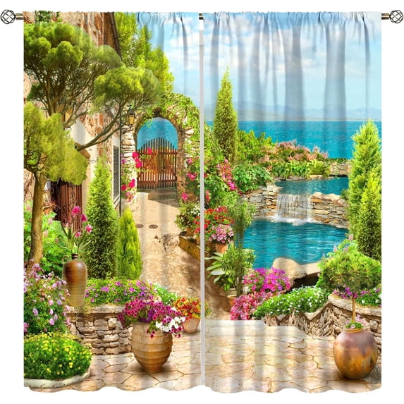 Italian Landscape Blackout Curtains for Kitchen,Vintage Scandinavian Rustic Rustic Nature Botanical Flower Leaf Beach Window Drapes Print for Bedroom Living Room 42x63in