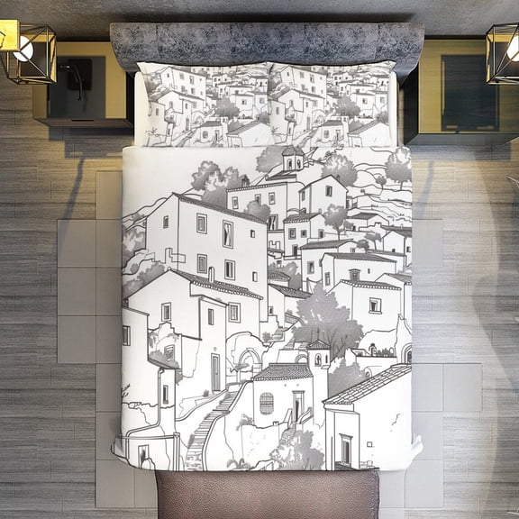 Italian Landscape Quilt Cover Set Fashionable Printed Bedding Covers with Pillowcase Home Textiles, Full (79"x91")