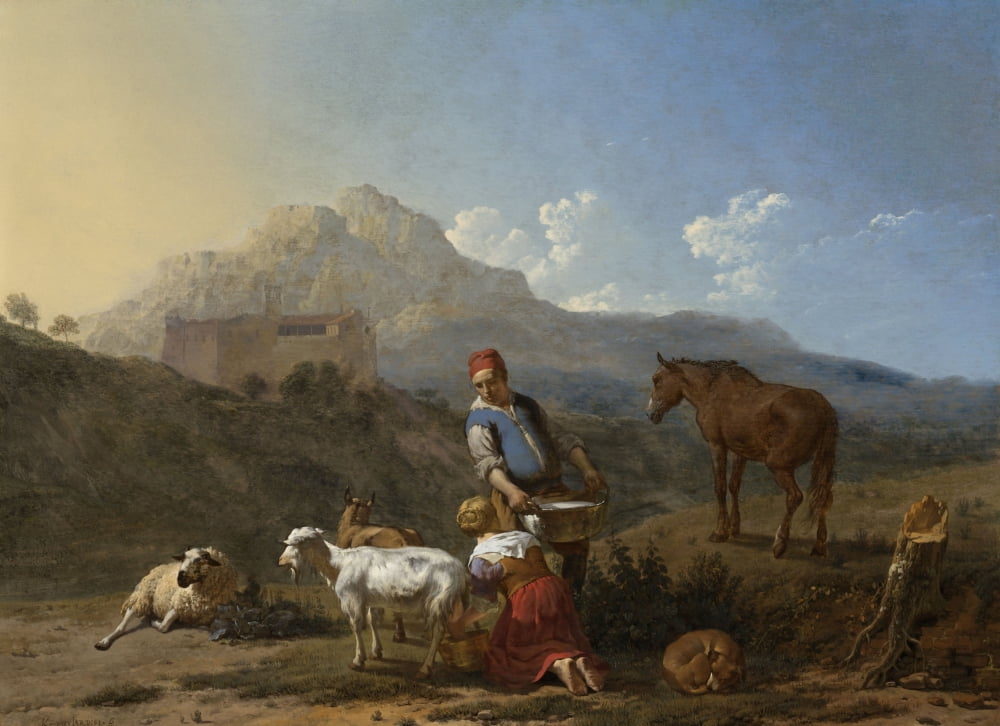 Italian Landscape With Girl Milking A Goat Canvas Art - (36 x 24)