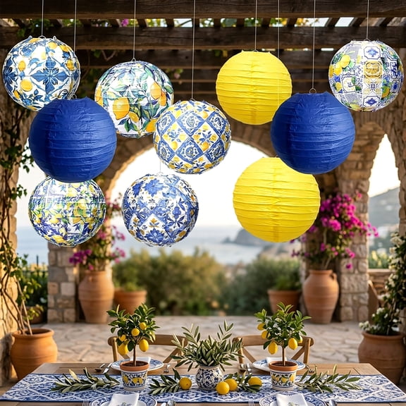 Italian Lemon & Mediterranean Blue Paper Lanterns Set - Rustic Party Decor for Outdoor Patio, Birthday, Summer Gatherings