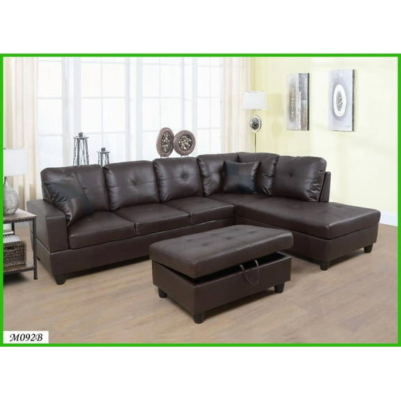 Italian Minimalist 3-Piece Brown Faux Leather/Microfiber Sectional Sofa with Left-Facing Chaise & Storage Ottoman