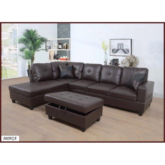 Italian Minimalist 3-Piece Right-Facing Sectional Sofa Faux Leather & Microfiber with Storage Ottoman for Living Room