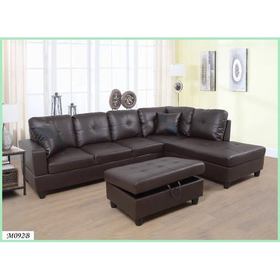 Italian Minimalist 3-Piece Sectional Sofa Set Brown Faux Leather/Microfiber, Left-Facing Chaise with Storage Ottoman