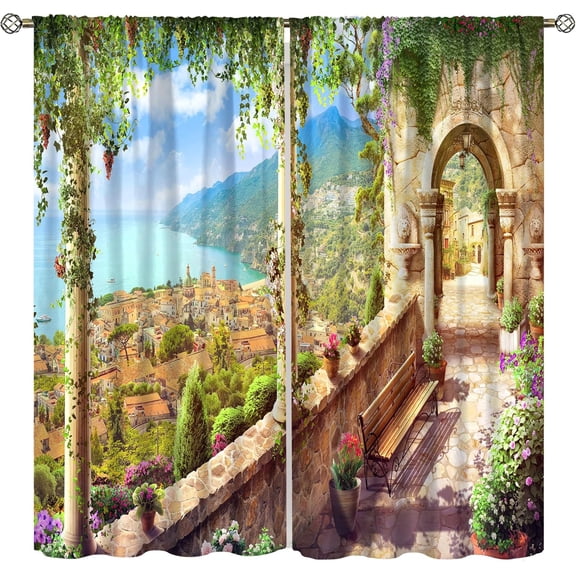 Italian Natural Scenery Country Curtain,Romantic Flowers Retro Town Landscape Print Window Drapes for Bedroom Living Room Kitchen Cafe Office Decor 2 Panels 55x63 Inch